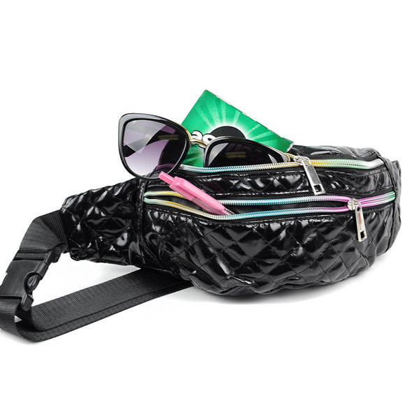 Quilted Black Fanny Pack Belt Bag Sling Bag  with Iridescent Zippers - Picture 2 of 5